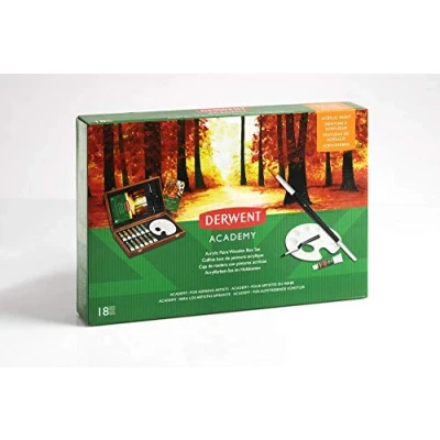 Imagen de Derwent Academy Set de Pinturas Acrílicas, para Pintar, 18 en Caja Madera Regalo, Paint Brush, Paleta Mezclas Incluido, Calidad Estudiantes, 2305674