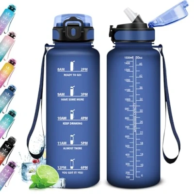 Imagen de KollyKolla Botella Agua 1.5L, Motivadora, de con Pajita, Prueba Fugas, Reutilizable Cantimplora para Adulto, Colegio, Gimnasio, Oficina, Bicicleta, Gym, Fitness