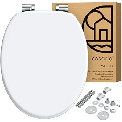 Imagen de CASARIA® Asiento Inodoro Tapa WC Estándar Cierre Suave Automático Antibacteriano MDF Bisagras Inox. Blanco
