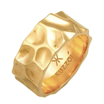 Imagen de Kuzzoi Anillo de Hombre con diseño Martillado, Banda Macizo (10 mm) Ancho en Plata Ley 925, Forjado Chapado Oro, Oro para