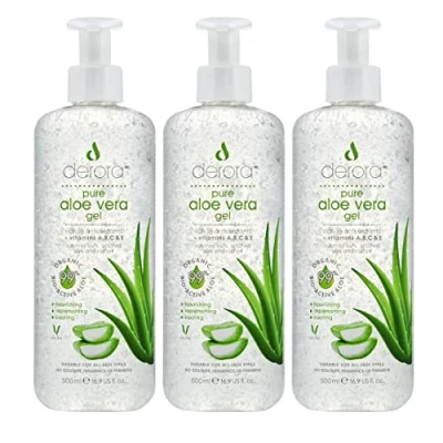 Imagen de Derora Gel de Aloe Vera 500mlx3 Contiene Ingredientes 100% puros y naturales Bio Activo para curar, calmar e hidratar la piel, cara cuerpo Libre Crueldad Vegano
