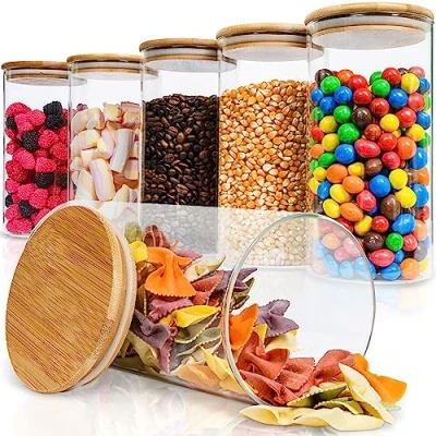 Imagen de Deco haus® Set 6 1400ml Tarros de Cristal Reutilizables Tapa Bambú Herméticos, Aptos Lavavajillas y Microondas Contenedor para Galletas, Pasta, Comida Seca, Cereales Alto 6x20cm Diámetro 10cm