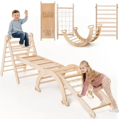 Imagen de Estructura de Escalada Interior 4 en 1 para Niños Pequeños Triángulo Madera, Arco y Rampa Escalada, Red, Montessori, Gimnasio Madera Niños, a 5 Años