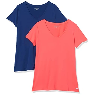 Imagen de Amazon Essentials Camiseta Técnica Elástica de Manga Corta y Cuello en Pico (Disponible Tallas Grandes) Mujer, Pack 2, Azul Marino/Naranja Coral, L