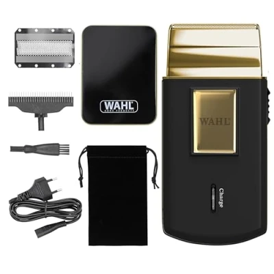 Imagen de Wahl Travel Shaver Gold Edition Afeitadora eléctrica sin cable y recargable para hombre, óptimo viajar, cortar el pelo la barba, compacta portátil
