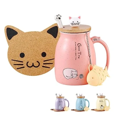 Imagen de BigNoseDeer Taza de gato Linda café cerámica con tapa gatito 3D Cuchara acero inoxidable, Novedad Copa la mañana Leche té Navidad 380ML