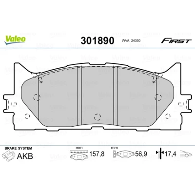Imagen de VALEO 301890 Juego de pastillas freno FIRST Eje delantero excl. contacto avisador desgaste sin chapa antichirridos TOYOTA: Camry VII Berlina