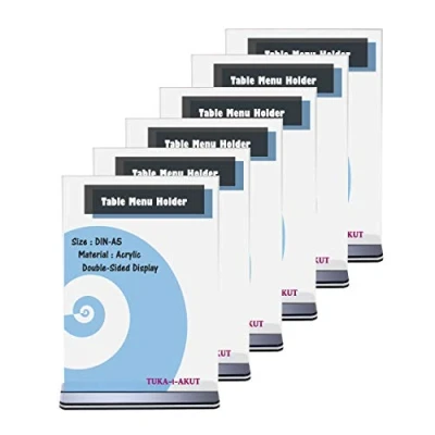 Imagen de TUKA 6x A5 Menu Soporte Doble Cara, Forma de T con Base, Soportes Sobremesa para Carteles, Menús, Promociones, Porta Carteles. Expositor Mesa, Acrílico Transparente, Vertical, TKD8205