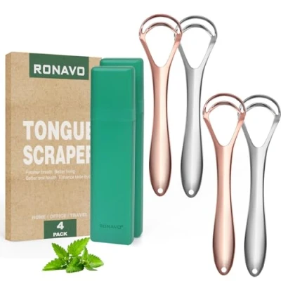 Imagen de RONAVO Rascador de lengua para adultos (4 piezas), con doble cabezal raspado estuches viaje, limpiador acero inoxidable, aliento fresco, 2 colores