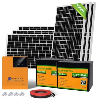 Imagen de ECO WORTHY sistema solar de 4 kW·h, juego completo independiente la red, 1000 W, 24 V, panel con LiFePO4 para autocaravana: 6 paneles solares 170 W + 2 x 100 Ah 3000