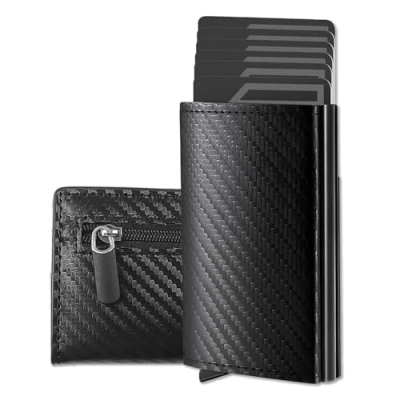 Imagen de Qullmartle cartera negra para tarjetas de crédito, tarjetero con bloqueo y caja regalo, minimalista tarjetas, protector bolsillo frontal hombres mujeres,