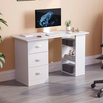 Imagen de Vida Designs Mason Escritorio para computadora con estantes y 3 cajones, Mesa de Juegos PC o Laptop, estación Trabajo Estudio, Muebles Color Blanco, Madera ingeniería, White