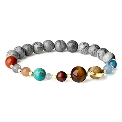 Imagen de COAI Pulsera de Jaspe Mapa Piedra Semipreciosa con Planetas del Sistema Solar Piedras Naturales S
