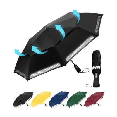 Imagen de Chakipee Paraguas Plegable Antiviento Automatico Reflectante Negro Resistente Al Viento con Doble Cubierta Compacto para Mujer y Hombre de Viaje 8 Varillas