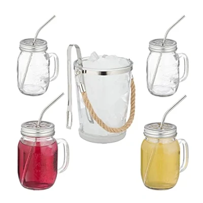 Imagen de Relaxdays Juego 4 Jarras con Pajita y Tapa Rosca, Vasos para Cócteles, 500 ml, Set Cubitera Pinzas, Transparente, Acero Inoxidable, 16 x 16,5 12 cm