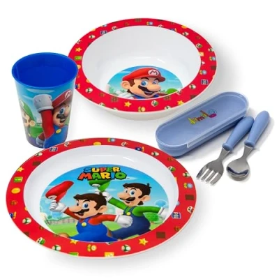 Imagen de damaloo Set de Vajilla infantil Mario para Niñas Plato, Vaso, Bol y Cubiertos Infantiles, Conjunto Desayuno, Almuerzo Cena, Reutilizable Libre BPA