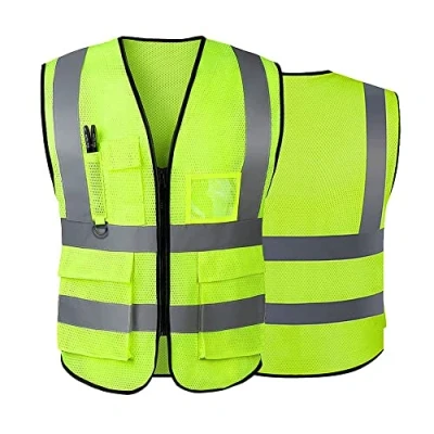 Imagen de Chaleco de seguridad reflectante alta visibilidad para mujeres y hombres, con bolsillos cremallera frontal, cumple las normas ANSI/ISEA, Malla verde, 3XL