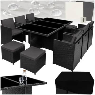 Imagen de TecTake® Conjunto Jardín Exterior de Ratán y Aluminio, Muebles Resistentes a la Intemperie, para hasta 10 Personas, con 2 Juegos Fundas Funda Protectora Negro