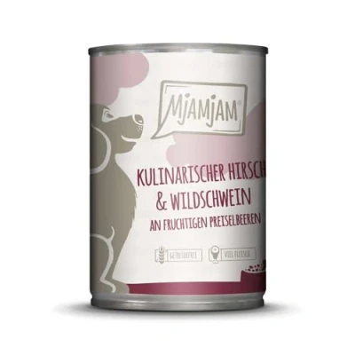 Imagen de MjAMjAM comida húmeda premium para perros Ciervo y jabalí con arándanos, pack de 6 (6 x 400 g), sin cereales carne extra