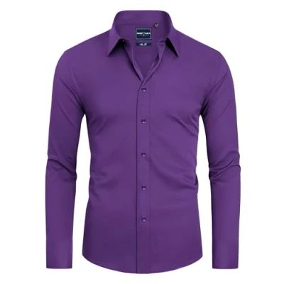 Imagen de DEMEANOR camisa de manga larga para hombre, negocios corte ajustado, sin planchado, informal morado, XL