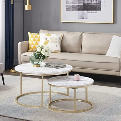 Imagen de HJhomeheart Juego de 2 Mesas Nido Salón Redondas, Mesa Centro, Grande: 60 x 45 cm, Pequeña: 40 35 Blanco y Dorado