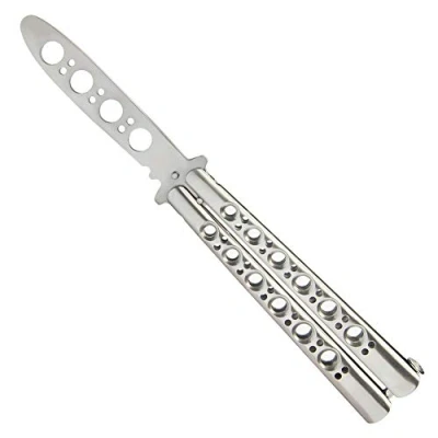 Imagen de VORNNEX Práctica cuchillos de mariposa, Unsharpened íntegramente en acero inoxidable hoja 100% seguro aburrido mariposa peine para entrenamiento cuchillo entrenador (plata)