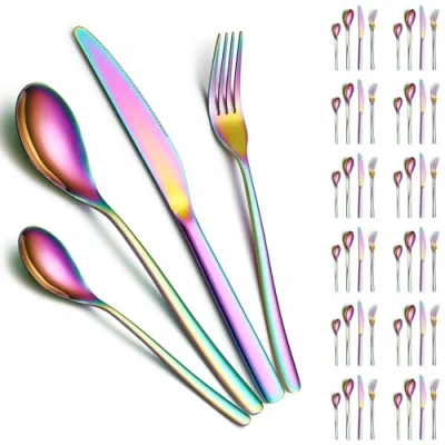 Imagen de ReaNea Juego de Cubiertos 48 Piezas Servicio para 12 con Revestimiento Titanio Arco Iris Incluye Cuchillos, Cucharas, Tenedores, Cucharas Té