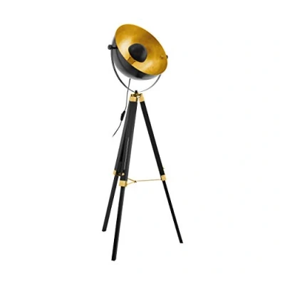 Imagen de EGLO lámpara de pie Covaleda, industrial, vintage, madera y acero, sala estar en negro, dorado latón, con interruptor, casquillo E27