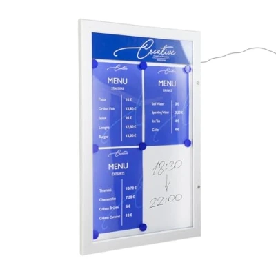 Imagen de Danieli Store Tablón de Anuncios Exterior Impermeable para Menús con Cerradura y Par Llaves Fácil Montaje en Pared Superficie Acero Magnético Escribible (4x A4 LED)
