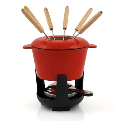 Imagen de BBQ TORO Juego de Fondue Hierro Fundido 6 Personas 1 Litro Set 13 Piezas con Quemador y Tenedores para Queso, Carne, Chocolate