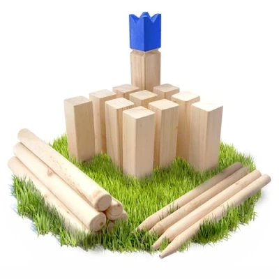 Imagen de Ocean 5 Juego Kubb Original de Escandinavia Ajedrez Vikingo con Corona Azul Juegos Exterior Niños y Adultos Infantiles para Lanzamientos Habilidad