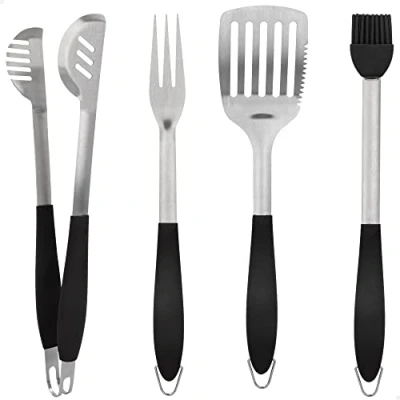 Imagen de AKTIVE 63011 Set Utensilios para Barbacoa 4 Piezas, Pinzas Barbacoa, Espátula, Tenedor trinchador y Brocha, Juego de barbacoas, Herramientas Parrilla