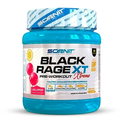 Imagen de Black Rage Xtreme 450 g pre entrenos potentes Sabor piruleta con Arginina, Beta Alanina, Citrulina, Creatina, Taurina, Cafeina para gimnasio