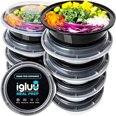 Imagen de Igluu Meal Prep Recipientes para comida circulares de Plástico Sin BPA con Tapas Herméticas Apilables y Reutilizables Aptos Microondas, Congelador Lavavajillas Set 30