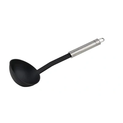 Imagen de Fackelmann 44307 OVALGRIFF Cucharón con Mango ergonómico, cazo Pieza Funcional de plástico para ollas y sartenes revestidas, Color Plateado Negro, Acero Inoxidable