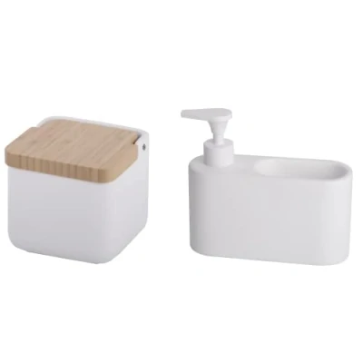Imagen de KOOK TIME Set de Accesorios Cocina Incluye salero con Tapa basculante bambú y dispensador jabon Hueco Guarda estropajos para el Fregadero Cerámica Blanca Mate