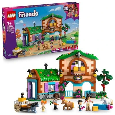 Imagen de LEGO Friends Rancho y Establo de Ponis Set Construcción con 4 Mini Muñecas, 3 Caballos Juguete, Figura Gato, Accesorios Inc. Cepillos, Heno Zanahoria Regalo para Niñas 7+ Años 42654