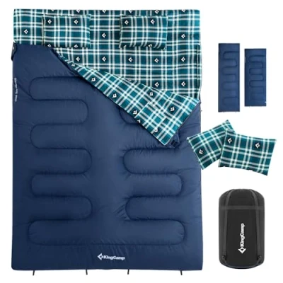 Imagen de KingCamp Saco de Dormir Doble Franela con 2 Almohadas Invierno para 4 Estaciones Comodo y Calido Bolsa Tansporte Adultos Camping Exterior Interior Viajes