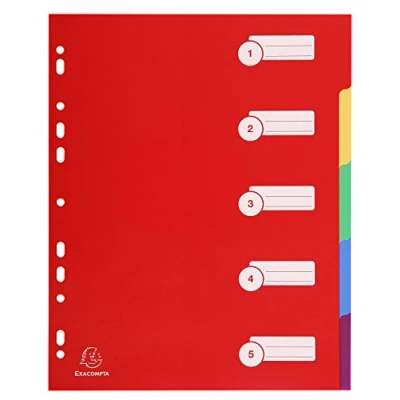 Imagen de Exacompta 4805E Separadores de polipropileno rígido opaco con 5 pestañas neutras Primer índice impreso Formato para archivo A4 maxi Colores vivos surtidos