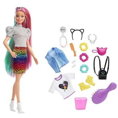Imagen de Barbie pelo Arcoiris Muñeca rubia con falda de guepardo y accesorios moda para el juguete (Mattel GRN81)