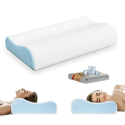 Imagen de PKBD Almohada de Espuma Viscoelástica con Funda Repuesto(Seda Helada y Algodón), Ortopédica Ergonómica, Contorneada para Dormir Lado, Boca Arriba Abajo