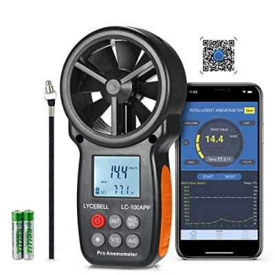 Imagen de LYCEBELL Anemómetro Digital de Mano, LC 100 APP Bluetooth Medidor Velocidad del Viento, Temperatura, Enfriamiento para Navegar Cometa Surf Pescar, con Conexión a la