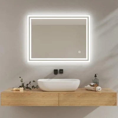 Imagen de EMKE Espejo LED para Cuarto de baño, 80 x 60 cm, con iluminación, luz Blanca fría Regulable, Pared Interruptor táctil IP44, Ahorro energía