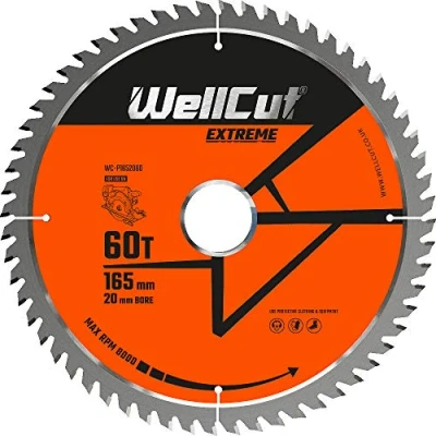 Imagen de WellCut TCT Hoja de sierra circular, amoladora angular, 165 mm x 60 T 20 mm, orificio adecuado para DewaltDWS520, GKT55, cable/inalámbrico
