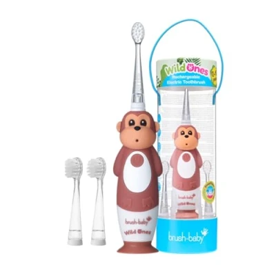 Imagen de Brush Baby WildOnes Cepillo de dientes eléctrico recargable para niños, 1 mango, cabezal cepillo, cable carga USB, edades 0 a 10 años (mono)