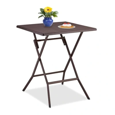 Imagen de Relaxdays Mesa de Jardín Plegable, Mesita Camping, 73 x 62 cm, Mesilla Multifuncional para Exteriores, Marrón, Acero, 73x62x62 cm