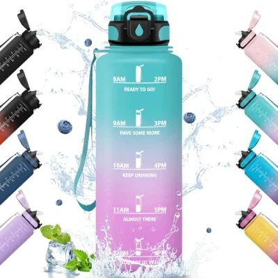 Imagen de HoneyHolly Botella Agua, 1.5L Agua Gimnasio con Pajita, de Marcador Tiempo, Deportiva, Prueba Fugas, Cantimplora para Escuela, Senderismo, Fitness