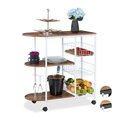 Imagen de Relaxdays Servierwagen Carro Servicio, Carrito Cocina con 3 estantes y cestas, Industrial, Metal MDF, 84x83x37 cm, Blanco/Marrón, Tablero de Fibras