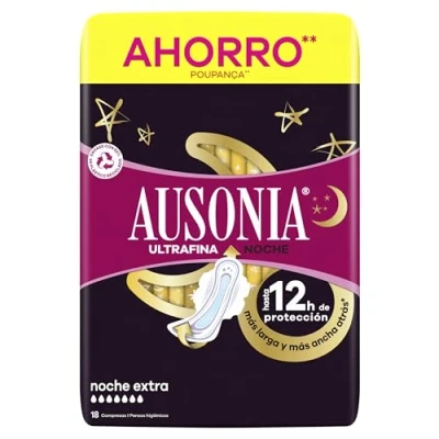 Imagen de Ausonia Ultrafina Menstrual Noche Extra Compresas Con Alas, 18 Unidades, Hasta 12 Horas De Protección