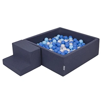 Imagen de KiddyMoon Parque Infantil De Espuma con Cuadrada Piscina Bolas (200 Bolas) para Niños, Azul Marino:Azul Claro/Azul/Perla